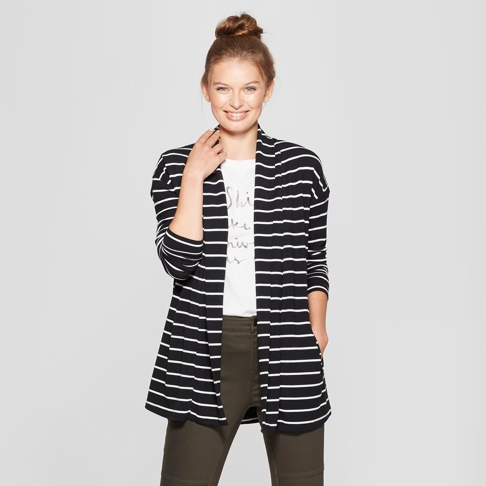 A New Day Womens Black White Striped Open Front Cardigan Shawl Collar Pockets M